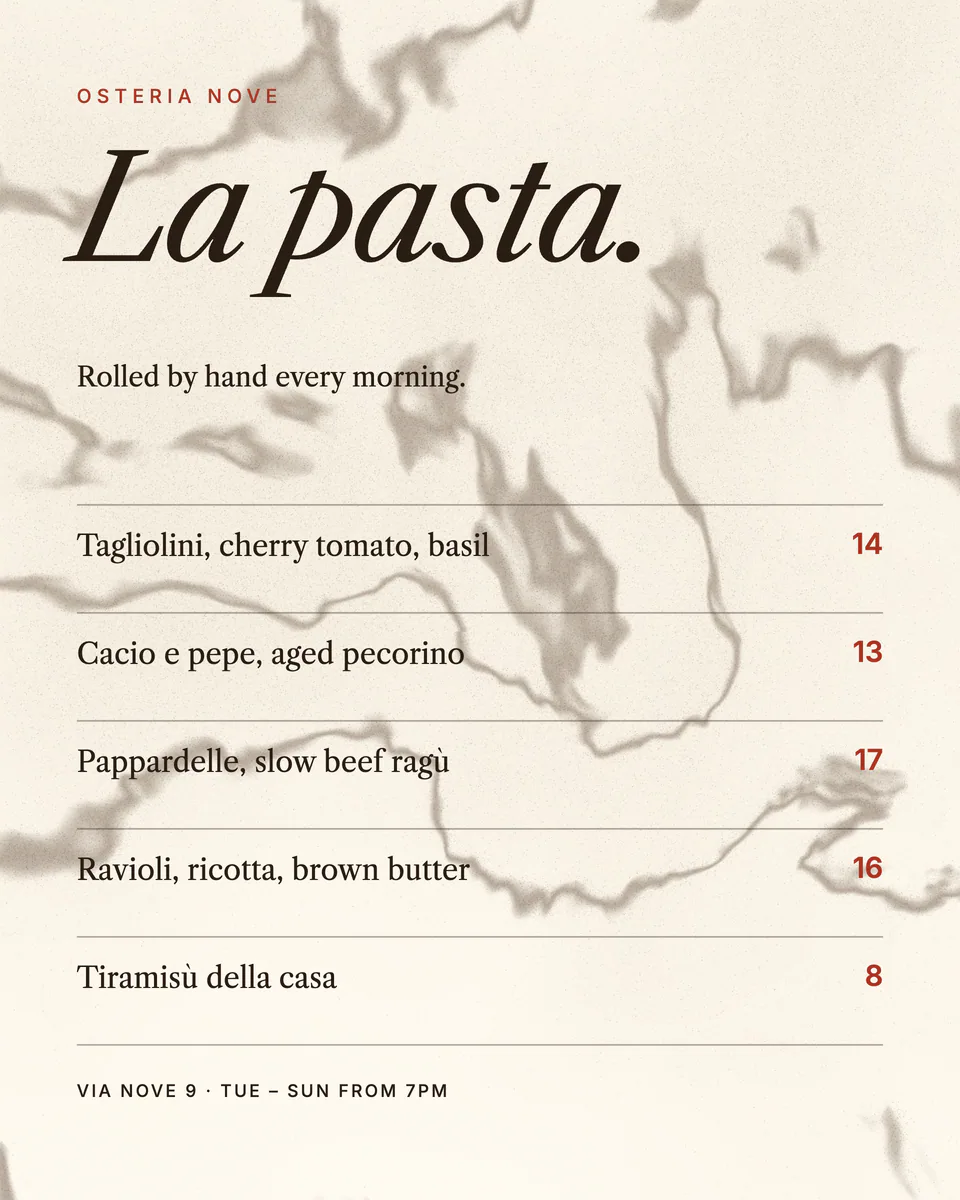 Osteria Nove, Pasta menu